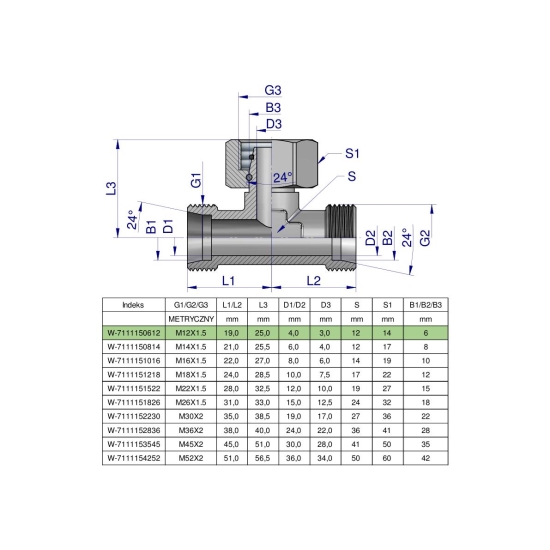 Trójnik hydrauliczny symetryczny metryczny BAB M12x1.5 06L (XEVT) Waryński ( sprzedawane po 2 )