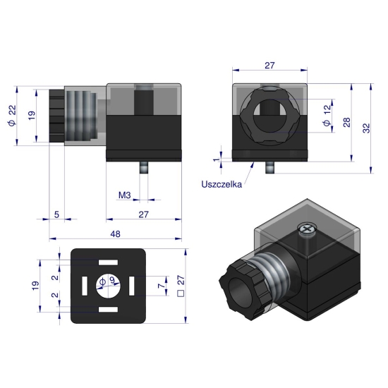 Wtyczka elektryczna W-WTYKVDC 12V 24V (SP666) do zasilania cewek elektromagnetycznych z diodą i uszczelką Waryński