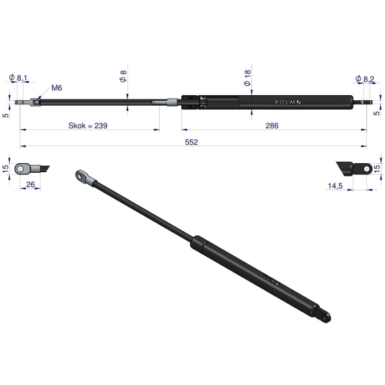 Siłownik szyby przedniej tylnej L max. 552mm 1427130M92P MASSEY FERGUSON POLMO