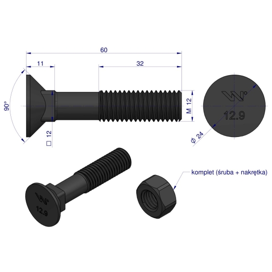 Śruba kpl. płużna podsadzana D 608 M12x60 mm kl.12.9 Waryński ( sprzedawane po 25 )