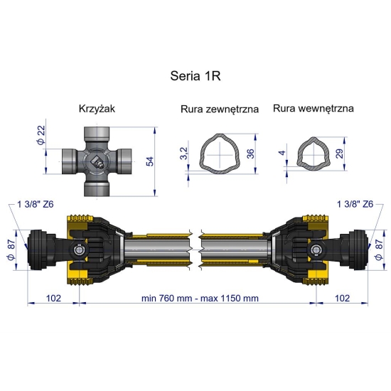 Wał przegubowo-teleskopowy 760-1150mm 210Nm 10240 CE 2020 seria 1R WARYŃSKI WA21-71