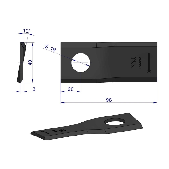 Nóż. nożyk kosiarka prawy 96x40x3mm otwór 19 zastosowanie 16502726 Deutz Fahr Kverneland WARYŃSKI ( sprzedawane po 25 )