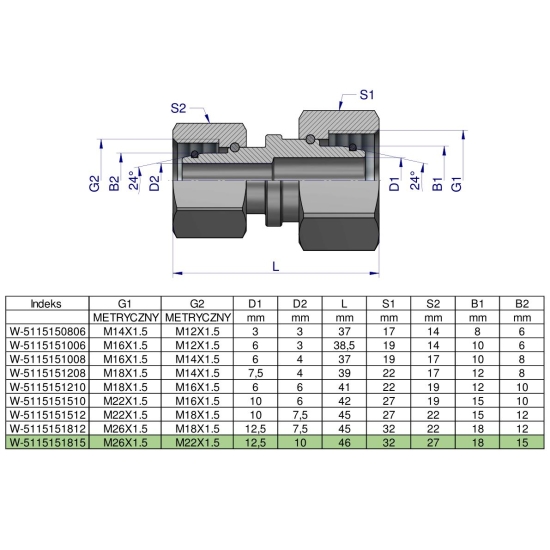 Złączka hydrauliczna metryczna AA M26x1.5 18L x M22x1.5 15L Waryński