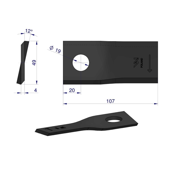 Nóż. nożyk kosiarka prawy 107x50x4mm otwór 19 zastosowanie 13800032 JF-Stoll WARYŃSKI ( sprzedawane po 25 )