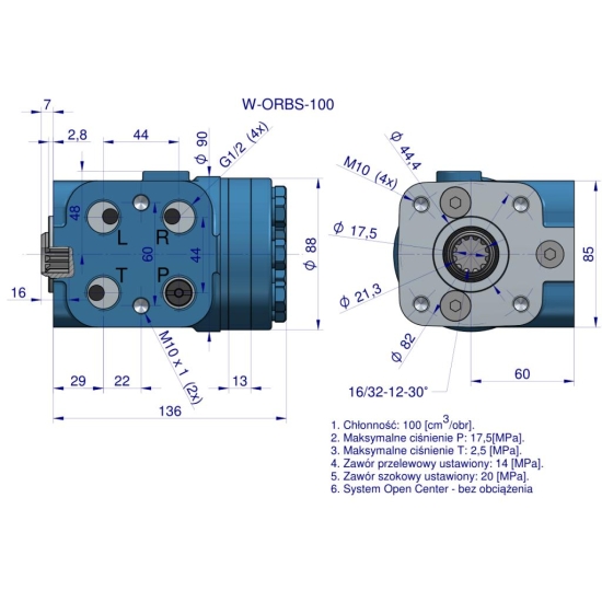 Orbitrol hydrauliczny W-ORBS 100 cm3/obr z zaworami (System Open Center - bez obciążenia) Waryński