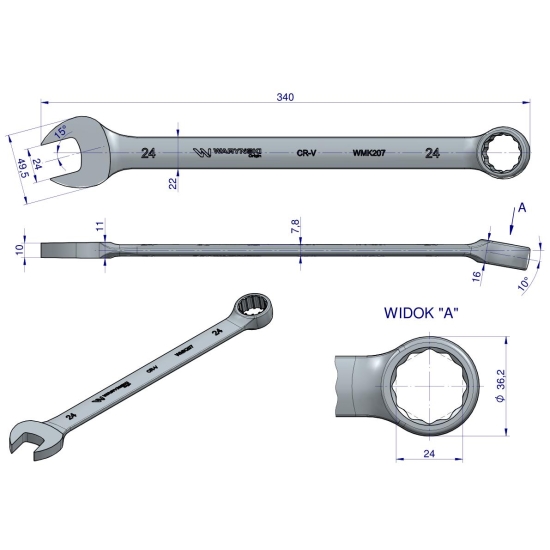 Klucz płaskooczkowy extra długi 24mm dł 339mm standard ASME B107.9M  Waryński