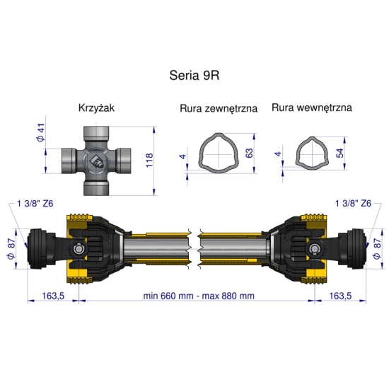 Wał przegubowo-teleskopowy 660-880mm 1890Nm CE 2020 seria 9R Waryński