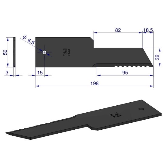 Nóż stały rozdrabniacz słomy sieczkarnia 198x50x3mm otwór 6.5 zastosowanie Z59033 280910Z John Deere WARYŃSKI ( sprzedawane po 25 )