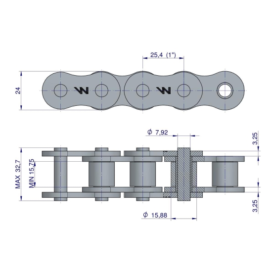 Łańcuch rolkowy 16A-1 ANSI A 80 (R1 1) Waryński ( sprzedawane po 10m )