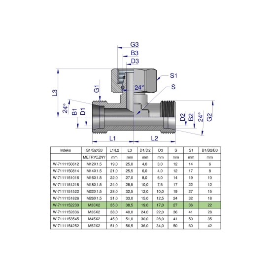 Trójnik hydrauliczny symetryczny metryczny BAB M30x2 22L (XEVT) Waryński