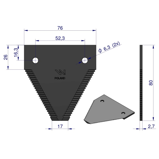 Nóż żniwny 80x76x2.7mm otwór 6.3 zastosowanie 87728899 New Holland WARYŃSKI ( sprzedawane po 25 )