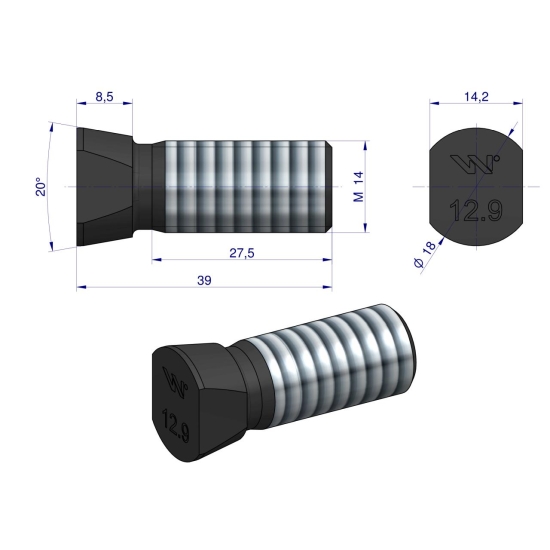 Śruba kpl. płużna oval z dwóch stron ścięta M14x39 mm kl.12.9 zastosowanie Vogel & Noot Waryński M14X39OV2VN ( sprzedawane po 25 )