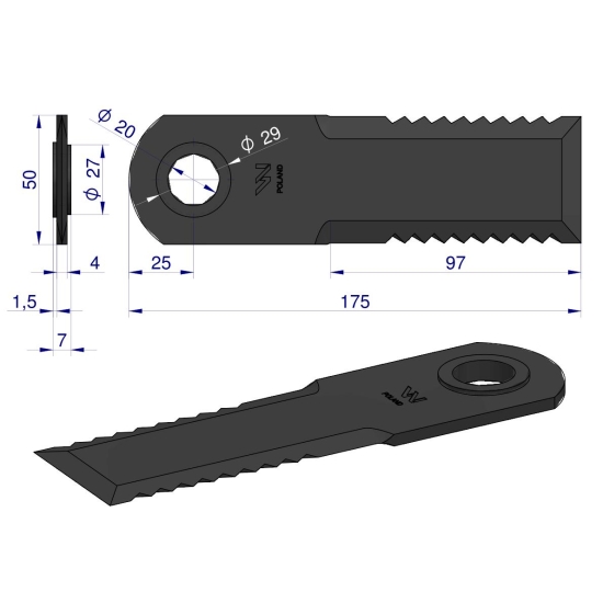Nóż obrotowy rozdrabniacz słomy sieczkarnia 175x50x4mm otwór 20 zastosowanie 7558750 Claas WARYŃSKI ( sprzedawane po 25 )