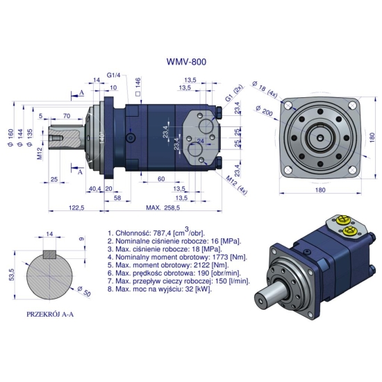 Silnik hydrauliczny orbitalny WMV 800 cm3/obr (160 bar / max.210 bar) Waryński