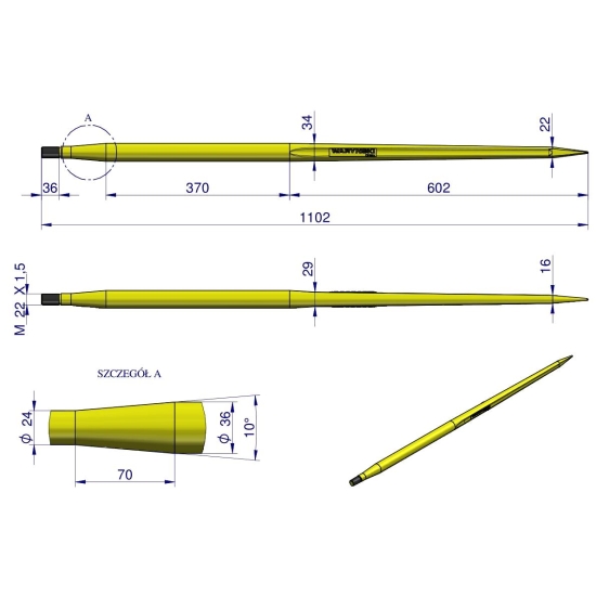 Ząb ładowacza uniwersalny prosty L- 1100 mm zastosowanie 5193-RT1 Tur WARYŃSKI