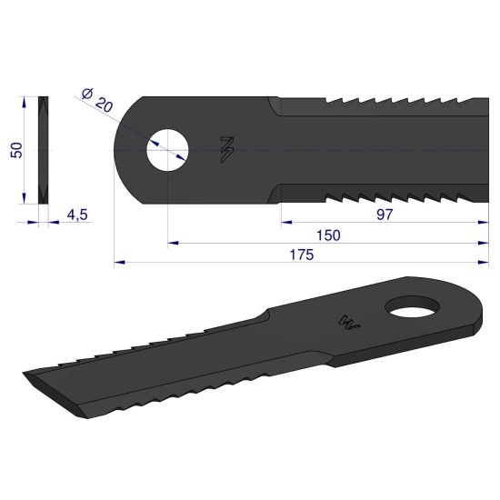 Nóż obrotowy rozdrabniacz słomy sieczkarnia uzębiony 173x50x4.5mm otwór 20 zastosowanie 84068444 New Holland WARYŃSKI ( sprzedawane po 25 )