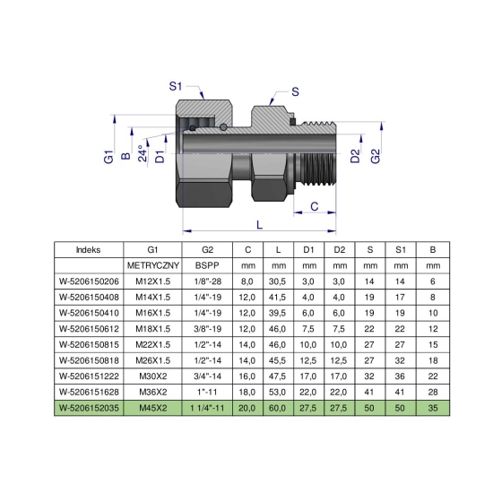 Przyłączka hydrauliczna AB (EVGE) M45x2 35L x 1 1/4" BSP ED Waryński