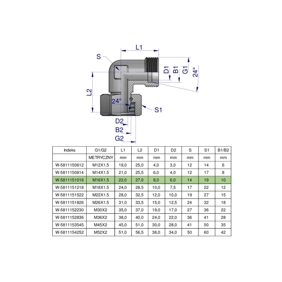 Kolanko hydrauliczne metryczne AB M16x1.5 10L (XEVW) Waryński ( sprzedawane po 5 )