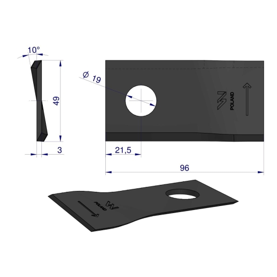 Nóż. nożyk kosiarka lewy 96x48x3mm otwór 19 zastosowanie 434979 Pottinger WARYŃSKI ( sprzedawane po 25 )