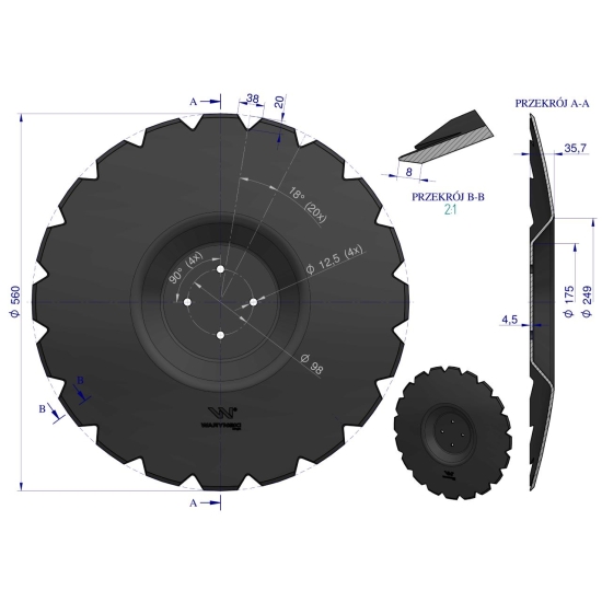 Talerz uzębiony Z-20 fi 560 mocowanie 4/98 grubość 4.5 mm przetłoczony stal borowa WARYŃSKI R