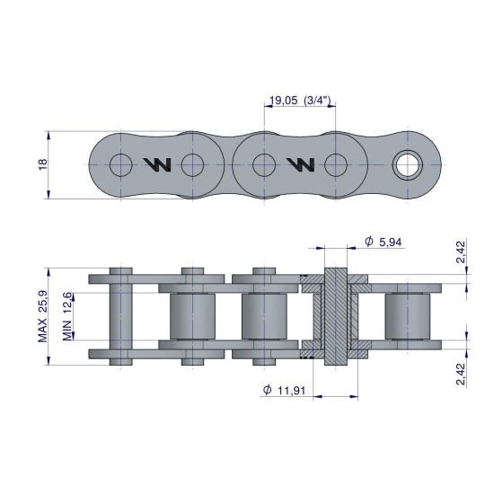 Łańcuch rolkowy 12A-1 ANSI A 60 (R1 3/4) Waryński ( sprzedawane po 20m )