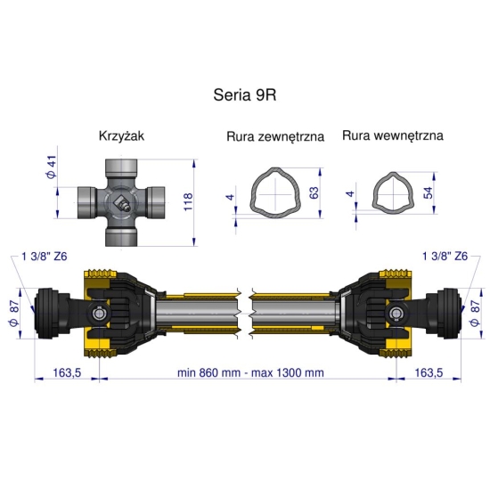 Wał przegubowo-teleskopowy 860-1300mm 1890Nm CE 2020 seria 9R Waryński