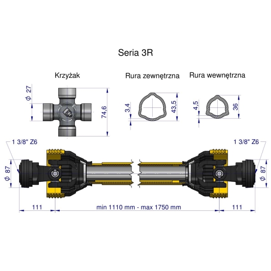 Wał przegubowo-teleskopowy 1110-1750mm 460Nm 50270 CE 2020 seria 3R WARYŃSKI WA46-111