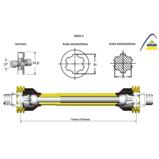 Wał przegubowo-teleskopowy wałek wielowypustowy frezowany 710-960mm 460Nm 50240 CE seria 4 AKSAN