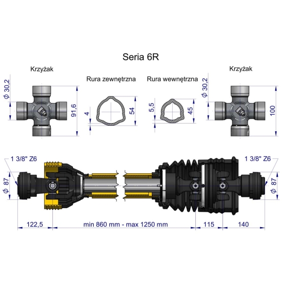 Wał przegubowo-teleskopowy 860-1250mm 830Nm szerokokątny CE 2020 seria 6R WARYŃSKI