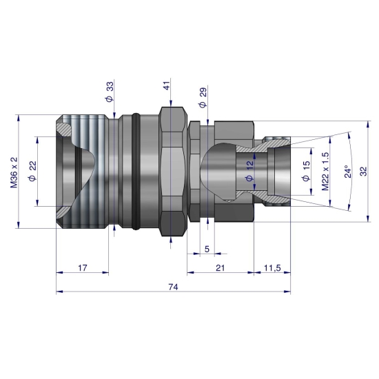 Szybkozłącze hydrauliczne skręcane gniazdo M22x1.5 gwint zewnętrzny 300bar Waryński