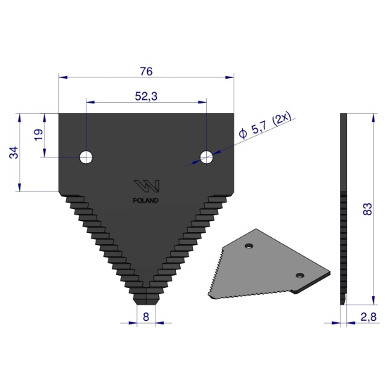 Nóż żniwny 83x76x2.7mm otwór 5.5 zastosowanie 80309197 New Holland WARYŃSKI ( sprzedawane po 25 )