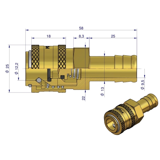 Szybkozłącze pneumatyczne P26 NW7.2 gniazdo pod wąż DN13mm POLMO  ( sprzedawane po 5 )