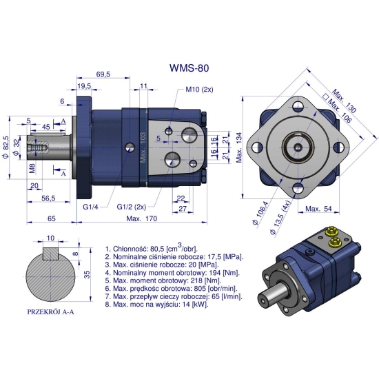 Silnik hydrauliczny orbitalny WMS 80 cm3/obr (175 bar / max.225 bar) Waryński