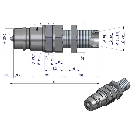 Szybkozłącze hydrauliczne wtyczka long M18x1.5 gwint zewnętrzny EURO (9100818W) (ISO 7241-A) Waryński