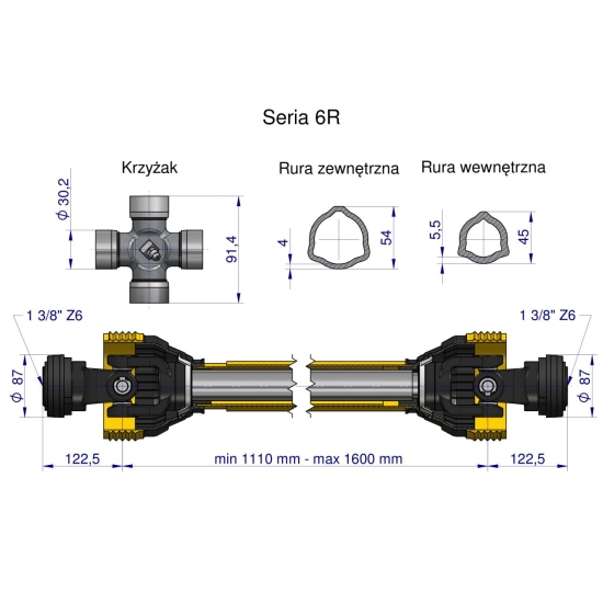 Wał przegubowo-teleskopowy 1110-1600mm 830Nm CE 2020 seria 6R WARYŃSKI