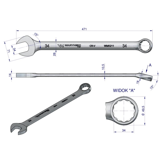 Klucz płaskooczkowy extra długi 34mm dł 471mm standard ASME B107.9M  Waryński