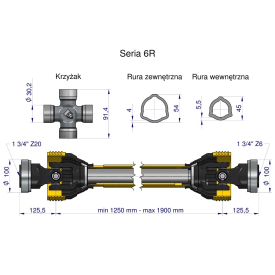 Wał przegubowo-teleskopowy 1250-1900mm 830Nm Z20 - 1 3/4  z drugiej stron Z6 - 1 3/4 CE 2020 seria 6R Waryński