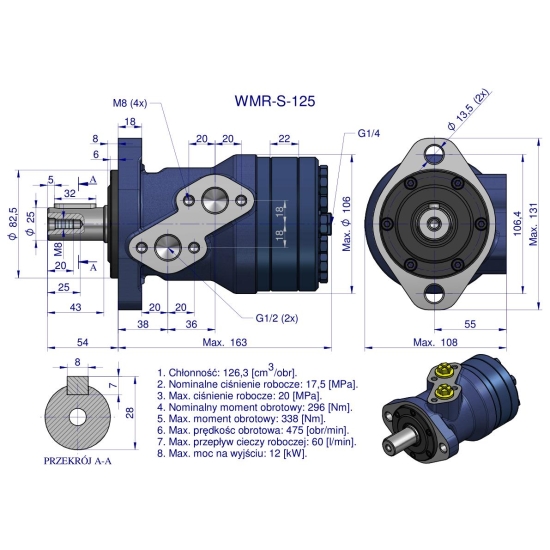 Silnik hydrauliczny orbitalny wzmacniany WMR-S 125 cm3/obr (175 bar / max.220 bar) Waryński