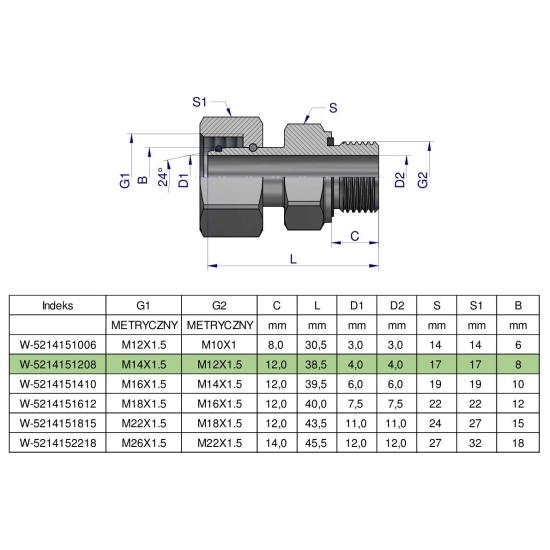 Przyłączka hydrauliczna metryczna AB (EVGE) M14x1.5 08L x M12x1.5 ED Waryński ( sprzedawane po 2 )