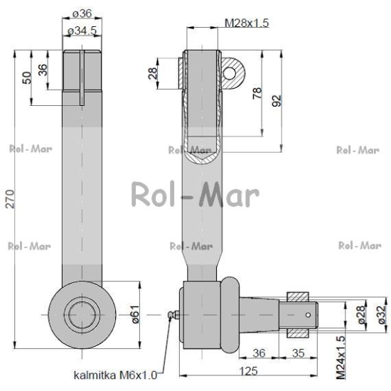 Przegub kierowniczy 225mm - M28x1,5 AL119379 John Deere TAQ