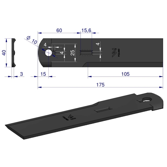 Nóż stały rozdrabniacz słomy sieczkarnia 175x40x3mm otwór 10 zastosowanie 1322233C2 525115 Dronningborg Case MF WARYŃSKI ( sprzedawane po 25 )