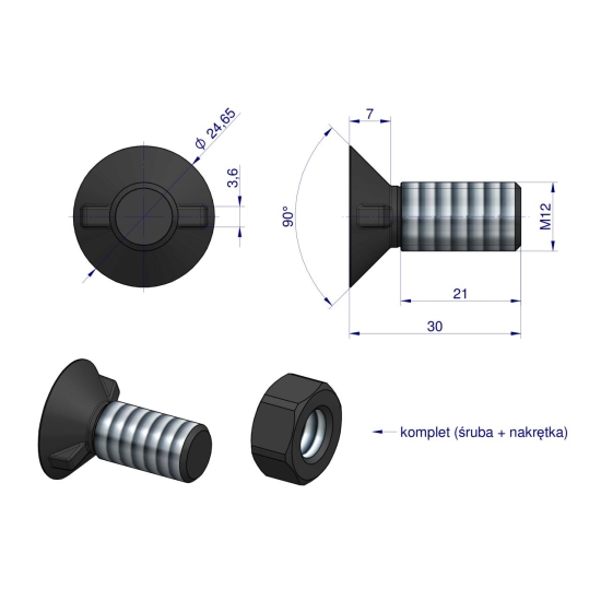 Śruba kpl. płużna dwunoskowa większy łeb M12x30 mm kl.12.9 Waryński ( sprzedawane po 25 )