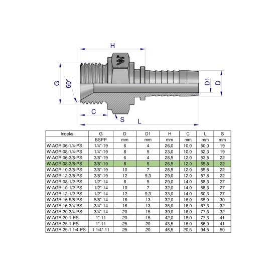 Zakucie hydrauliczne AGR DN08 3/8