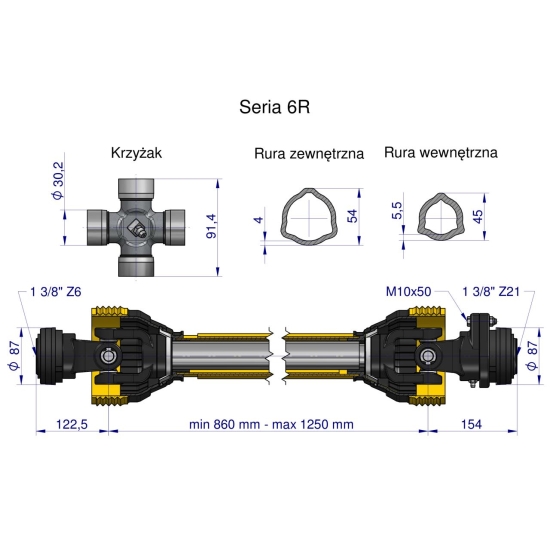 Wał przegubowo-teleskopowy 860-1250mm 830Nm sprzęgło z kołkiem Z21 2500 Nm CE 2020 seria 6R Waryński