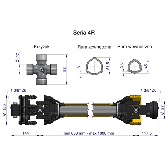 Wał przegubowo-teleskopowy 660-1000mm 540Nm sprzęgło cierne 900Nm CE 2020 seria 4R Waryński