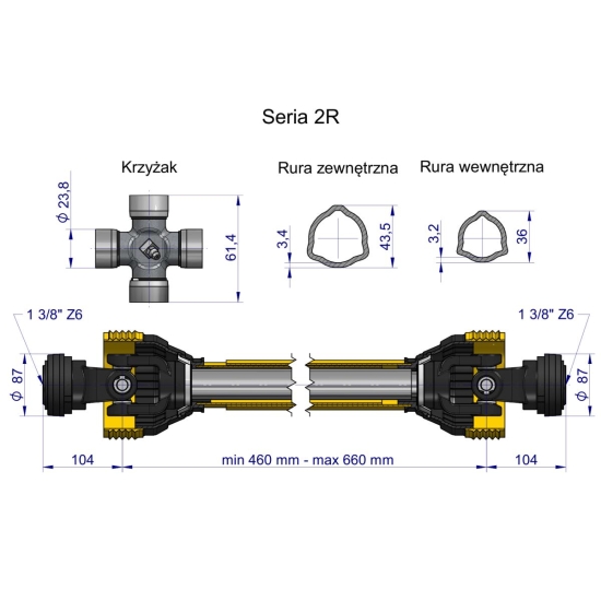 Wał przegubowo-teleskopowy 460-660mm 270Nm 40200 CE 2020 seria 2R WARYŃSKI WA25-46