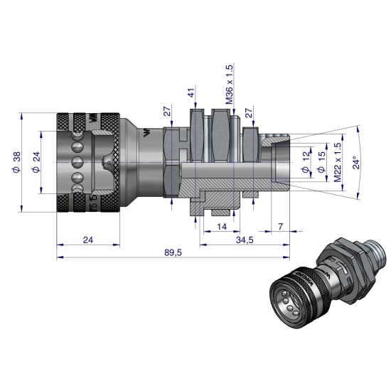 Szybkozłącze hydrauliczne gniazdo long z eliminatorem ciśnienia M22x1.5 gwint zewnętrzny EURO (504900) (9199822G/ST) (ISO 7241-A) Waryński