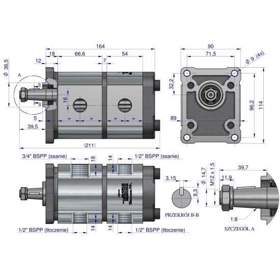 Pompa hydrauliczna zębata podwójna 16+8 cm3 (grupa 2+2 - typ europejski) wałek 1:8 przyłącza gwintowane (obroty prawe) max.260 bar Waryński