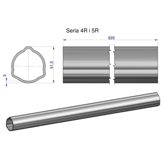 Rura zewnętrzna Seria 4R i 5R do wału 760 przegubowo-teleskopowego 51.5x3 mm 635 mm WARYŃSKI