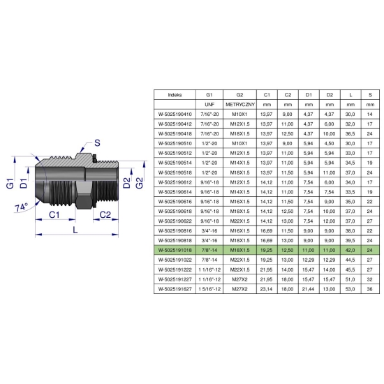 Przyłączka hydrauliczna BB 7/8"UNF (JIC) x M18x1.5 (XGE) Waryński ( sprzedawane po 2 )